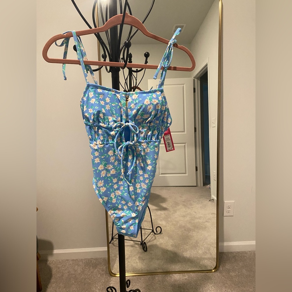 xhilaration women’s small one piece blue floral bathing suit.